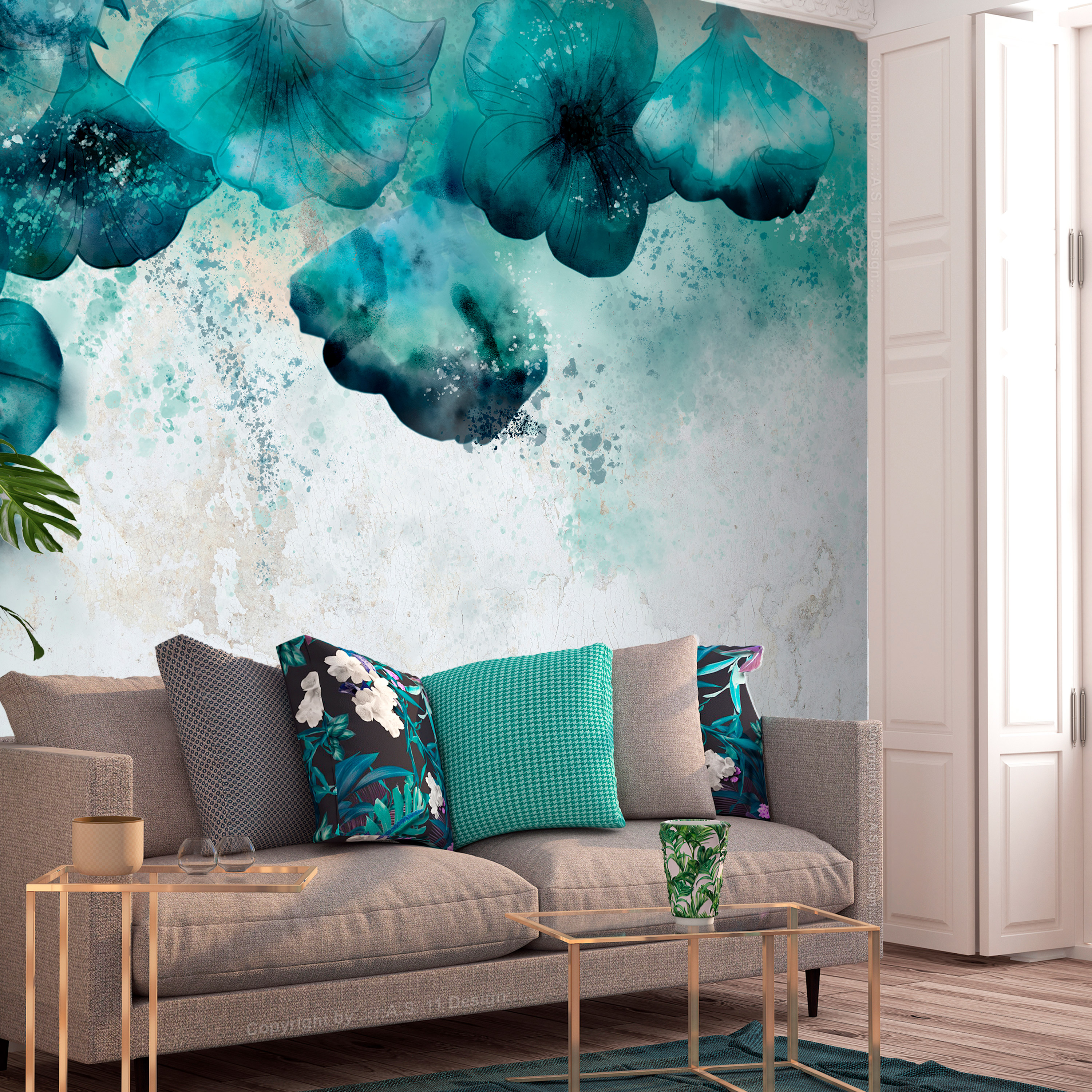 Self-adhesive Wallpaper - Blue Poppies - 147x105
