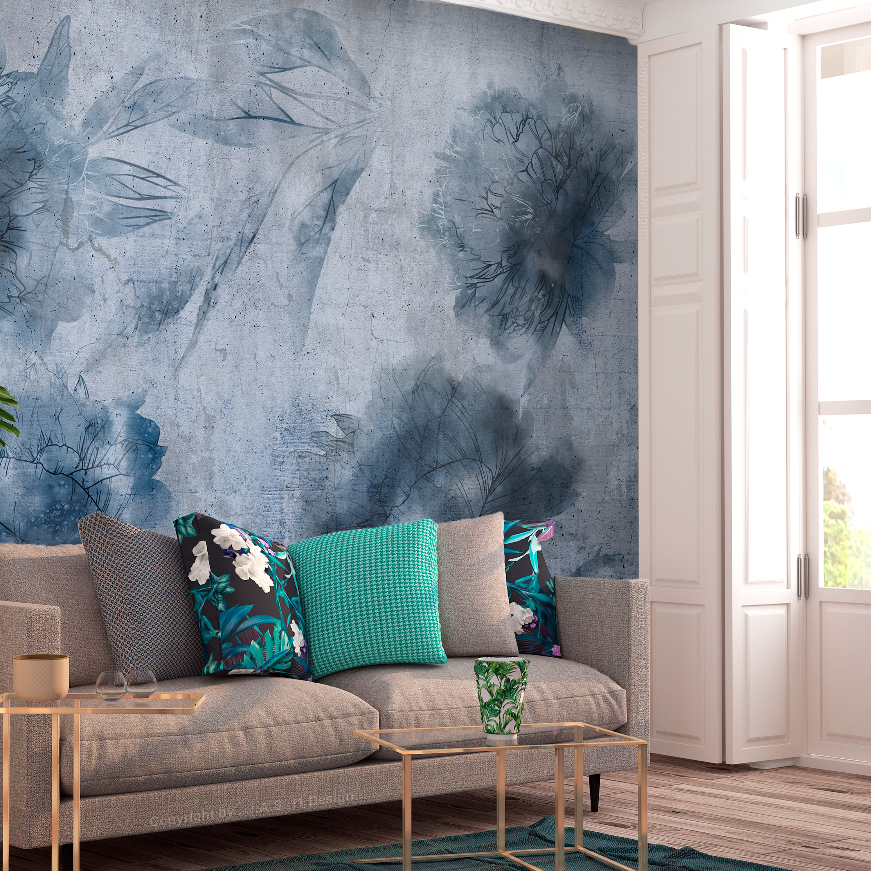 Self-adhesive Wallpaper - Blue Peonies - 392x280