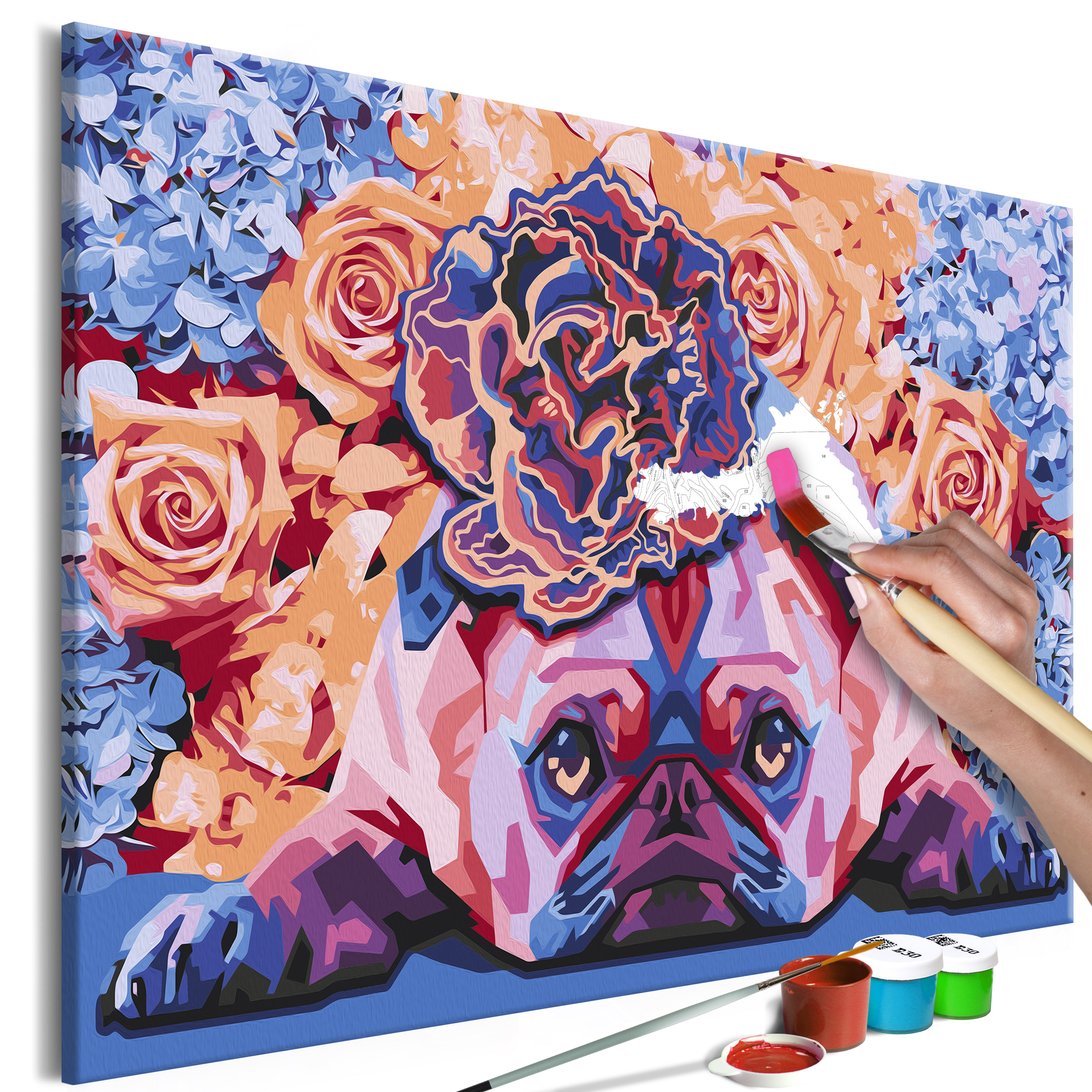 DIY canvas painting - Floral Pug - 60x40
